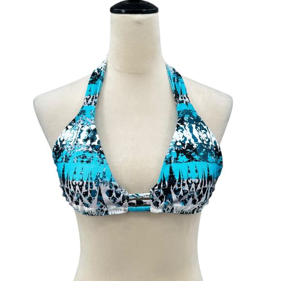 BECCA Other - Becca NWT Blue Printed Removable Cups Wirefree Halter Tie Bikini Top